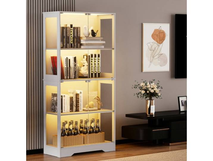 BBWL Vitrine LED 4 Ebenen Standvitrine mit Sensor, staubdicht, gehärtetes Glas großer Stauraum, moderne Vitrine für Wohnzimmer Schlafzimmer Büro