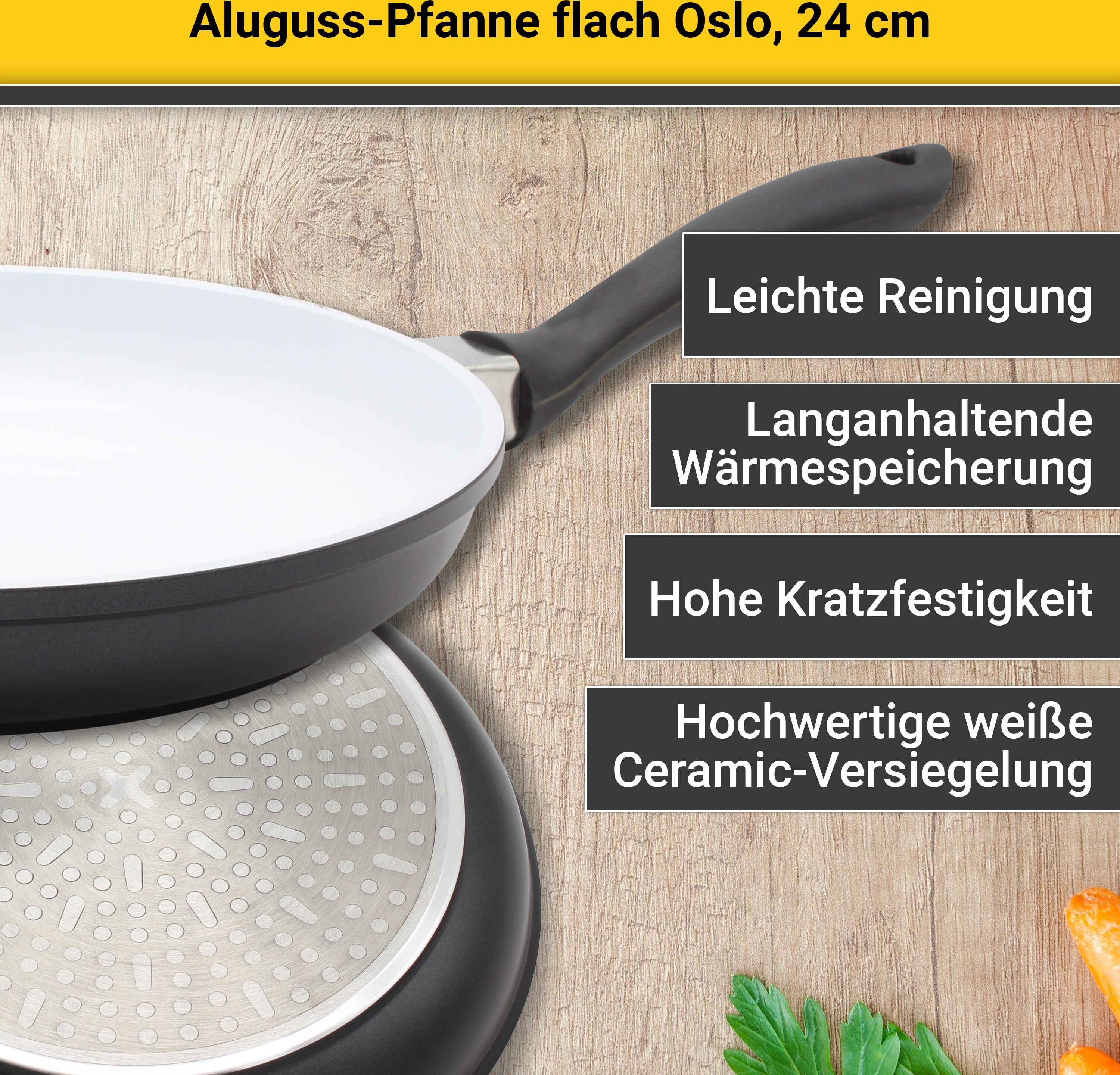 Bratpfanne KRÜGER "Aluguss Pfanne flach OSLO", schwarz, H:4,3cm Ø:24cm, Pfannen, Bratpfanne, für Induktions-Kochfelder geeignet