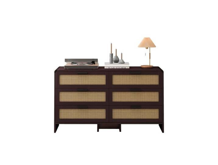 VLIVRA Commode 6 tiroirs en rotin marron meuble de rangement pour salon et chambre 130x40x74 cm
