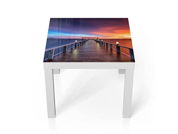 DEQORI Glastisch weiß klein 55x55 cm Motiv Holzkai am Abend ausgefallener Beistelltisch aus Glas Hochglanz Couchtisch fürs Wohnzimmer moderner Couch Tisch mit Design