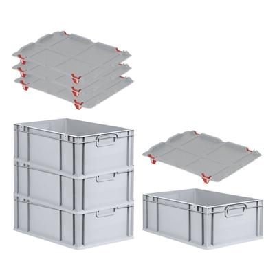 PROREGAL SuperSparSet 4x Eurobox NextGen Economy mit Auflagedeckel & 4x Verschlüsse Rot, Griffe zu, HxBxT 22x40x60cm, 44L, Eurobehälter, Box