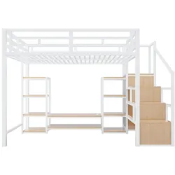 OKWISH Hochbett Metall/MDF Weiß 140x200 cm, mit TV-Ständer, Steckdose und Aufbewahrungsleiter, Gesamtmaß 251x96x174 cm