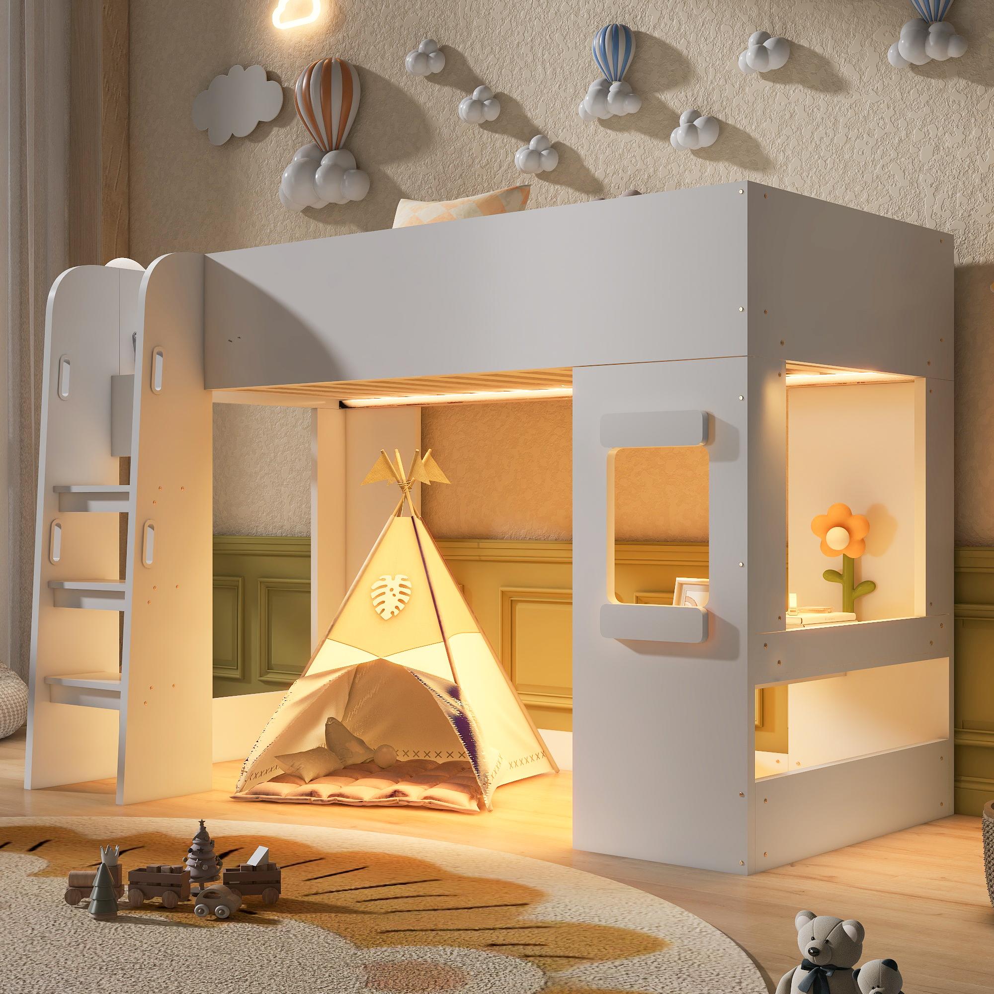 Merax Hochbett 90x200 cm mit LED-Beleuchtung, Kinderbett mit Schreibtisch und Sicherheitsleiter, Einzelbett Jugendbett mit hohem Schutzgitter, Weiß