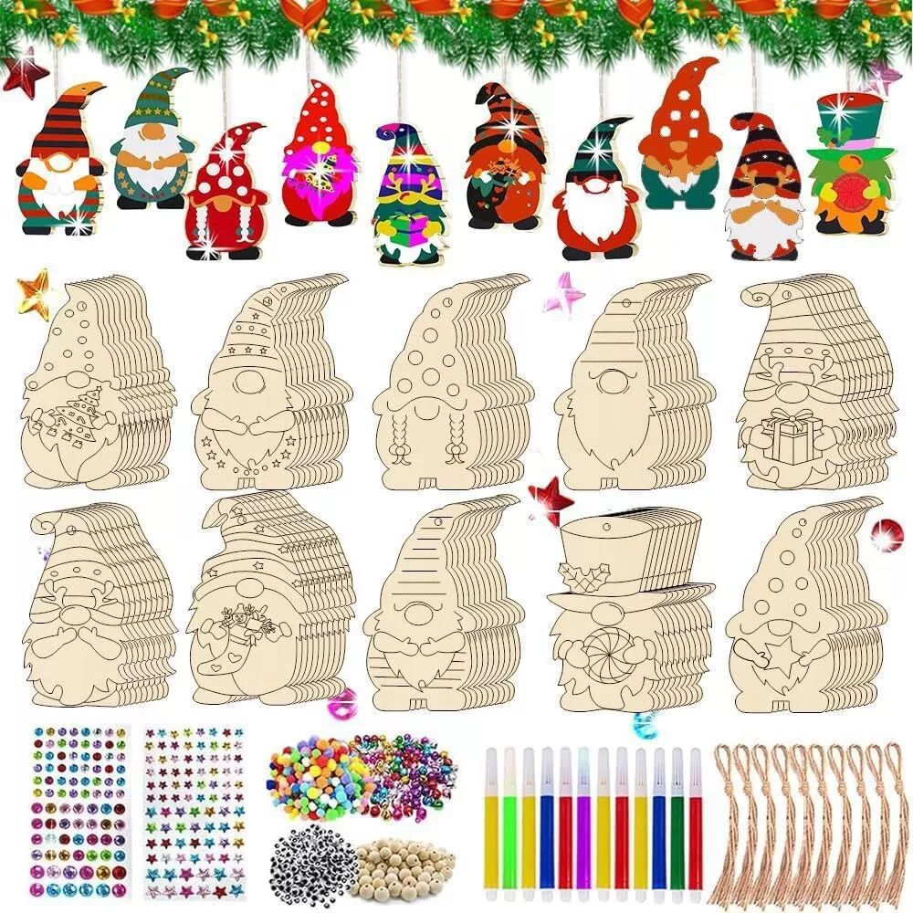 INF 70 Stück DIY Unfertige Holz Weihnachts-Wichtel Ornamente Set - Bemalbare Hängende Feiertagsdekorationen