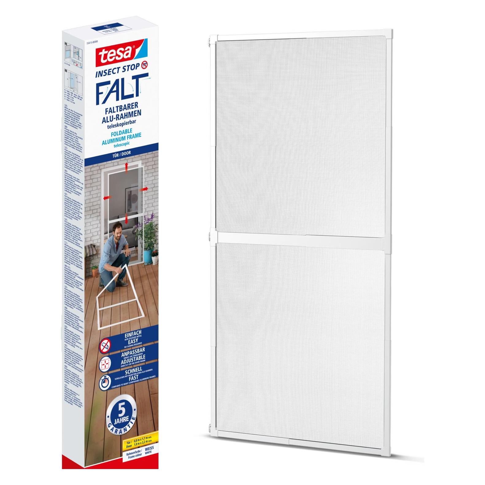 tesa FALT Insektenschutz für Türen, grössenverstellbarer Alu-Rahmen, faltbar (100 x 220 cm) (55415-00000-00)
