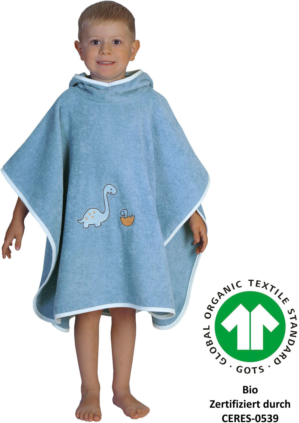 Badeponcho WÖRNER "Dinofamilie", blau (stahlblau), L:60cm, Baumwolle, Hausmäntel, Badeponcho, maschinenwaschbar, trocknergeeignet