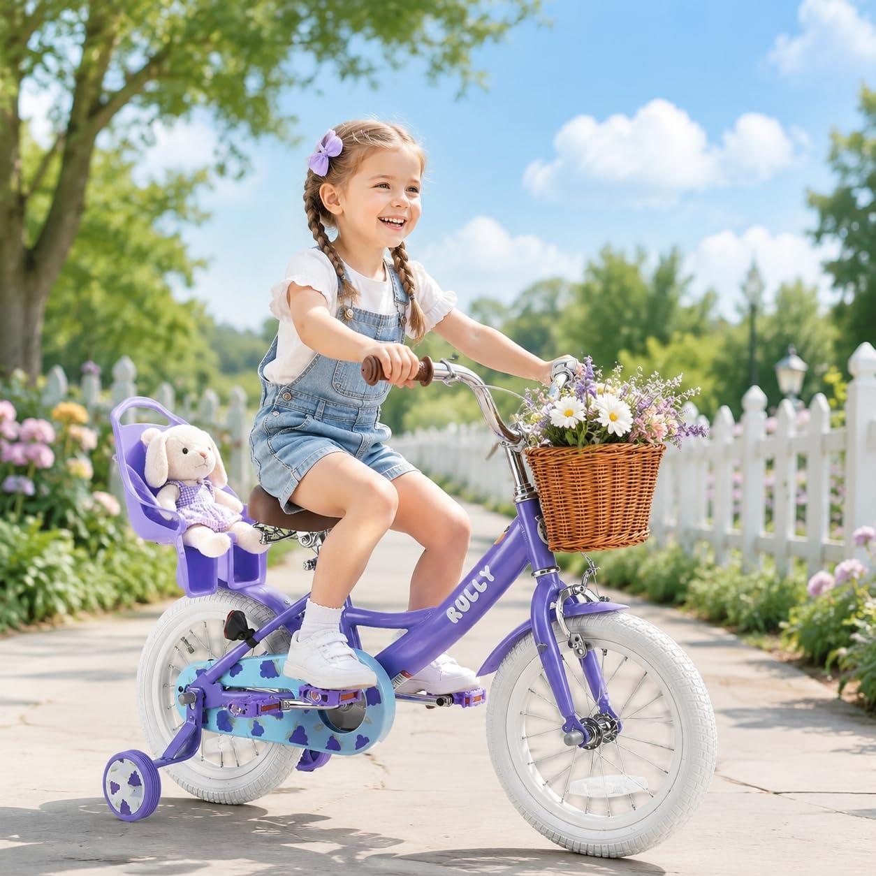 Kinderfahrrad 16 Zoll für Mädchen 4-7 Jahre, rosa, mit Korb und Puppensitz