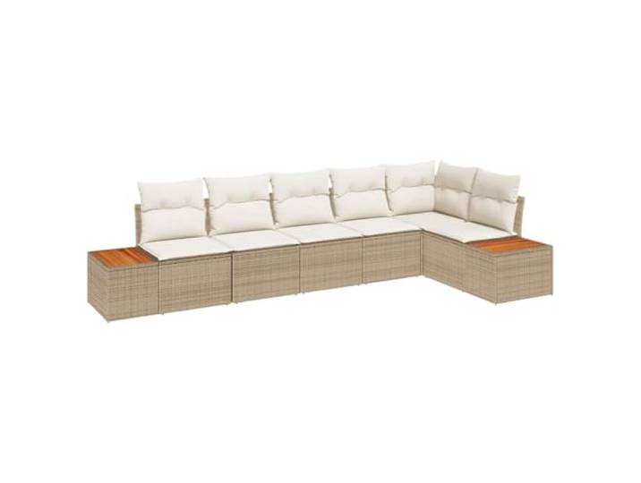 Garten-Sofa Set aus Polyrattan und Akazienholz 6 Spots, Beige Modulares Design, Polyrattan und Akazie, 3 Mittelsitz, Eckbank, 2 Sofas mit Tischen, abnehmbare Kissen