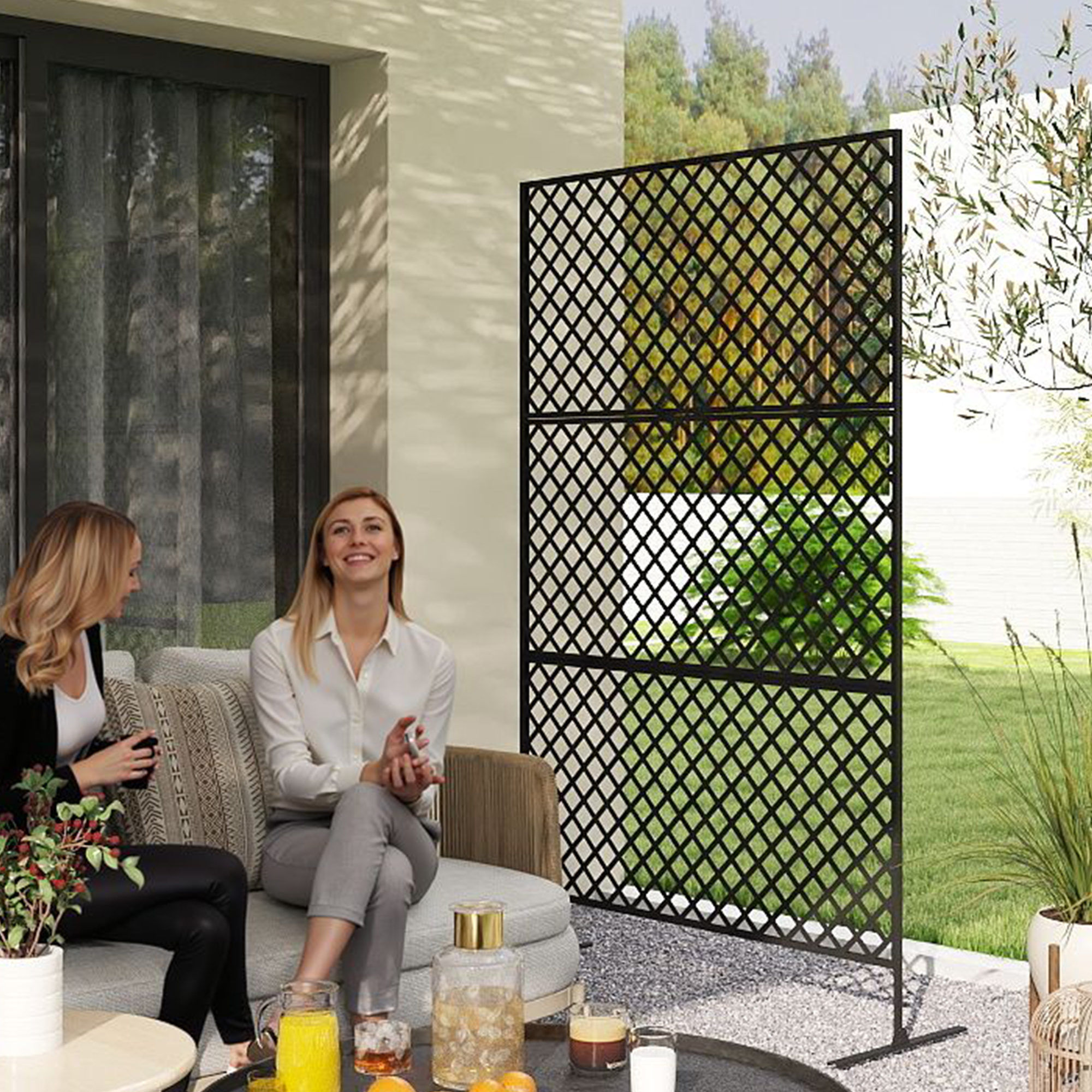 Outsunny Divisorio per Esterni, Schermo in Metallo per Terrazza, Veranda, Giardino, Grata Rampicante Stellare, Acciaio, Nero