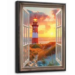 LEINWAND Bilder mit Rahmen - Aussicht - Fenster - Leuchtturm - Sonnenuntergang - Strand - 30x40