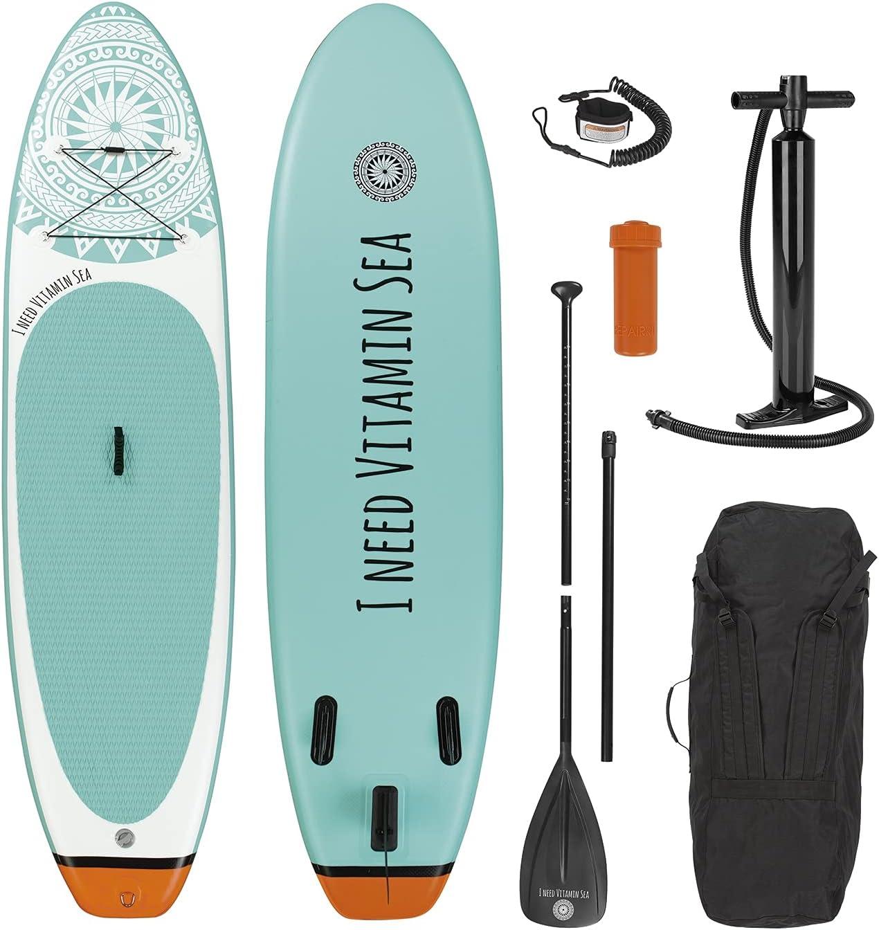 Stand-Up-Paddle-Board "Ich brauche Vitamin Meer" | SUP inklusive Tragetasche, Reparaturset und Luftpumpe, mit praktischem Tragegriff |