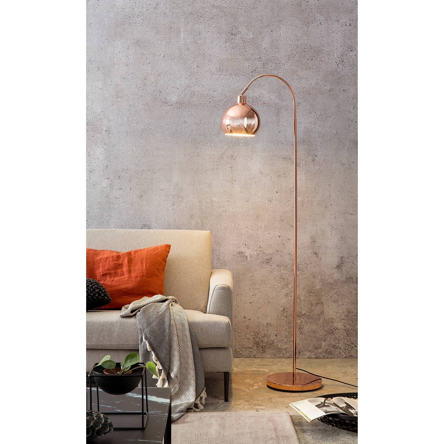 home24 Staande lamp Rhyme II koper, B: 28 cm, D: 60 cm, H: 153 cm
