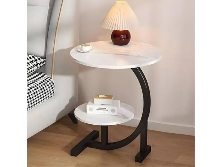 JFOZDM Rund Beistelltisch, Beistelltisch C Form, Kleiner Tisch mit Zwei Ebenen, Holz+Metall, Wasserdicht, Stabil und Tragfähig, Side Table für Wohnzimmer, Schlafzimmer, Einfache Montage