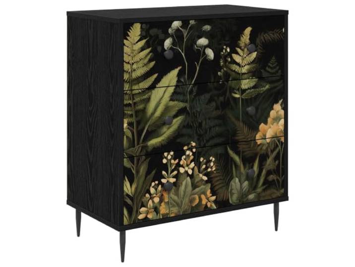 LMTYOENFG Kommode Schwarz Eichen-Optik mit 3 Schubladen 66x36.5x76 cm Stilvoller Beistellschrank mit Dschungelmotiv für Wohnzimmer und Schlafzimmer. 3 geräumige Schubladen bieten Platz.
