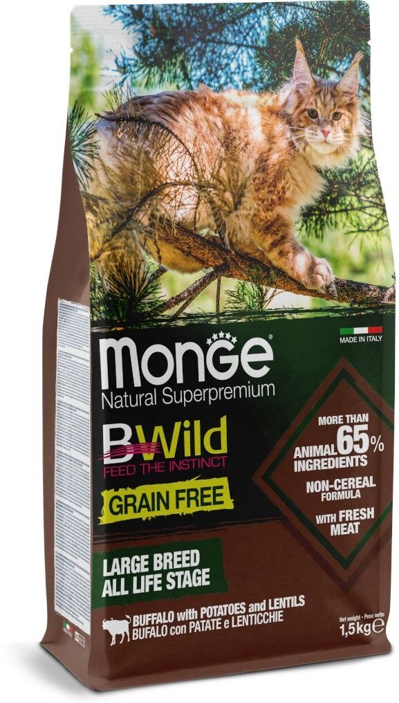 Monge BWild Grain Free Formula Large Breed All Life Stage Bufalo con Patate e Lenticchie 1,5 kg Crocchette per Gatti