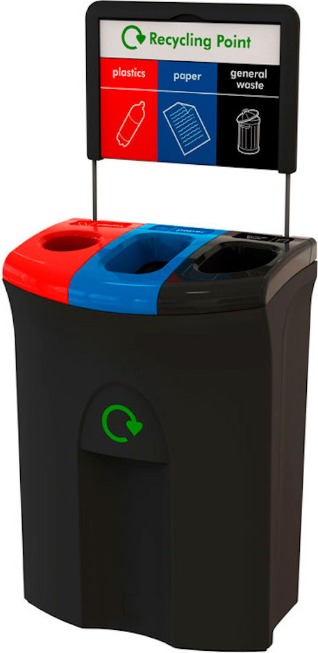 Werstoffsammler Meridian mit Trio-Einwurf | 110 Liter, HxBxT 146x60x40cm | Polyethylen | Schwarz, Blau, Rot