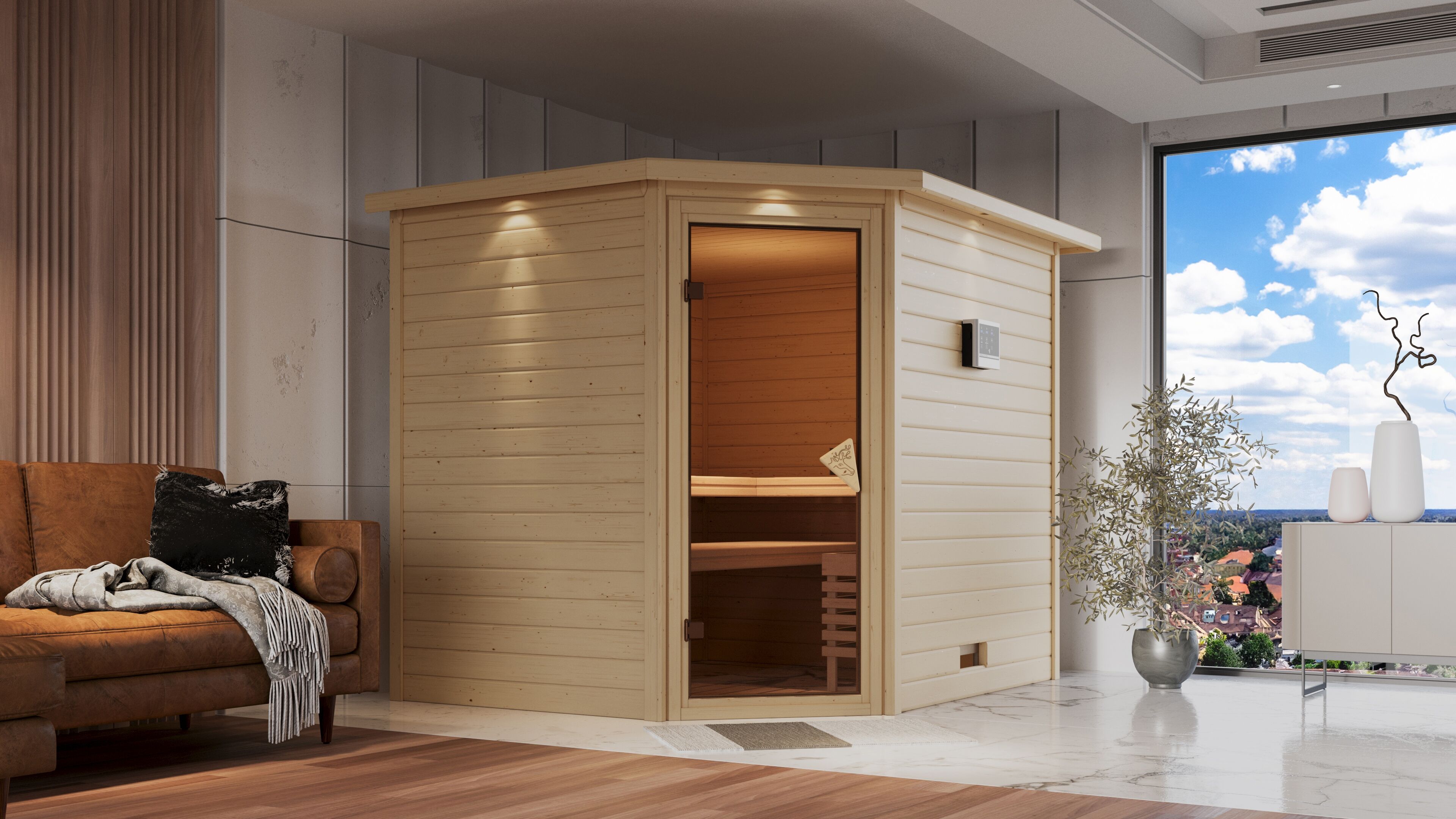 Sauna KARIBU "Talida", beige (naturbelassen), Bio-Kombiofen, externe Steuerung, 9 kW, Saunen, Ofen 9 kW Bio externe Strg easy