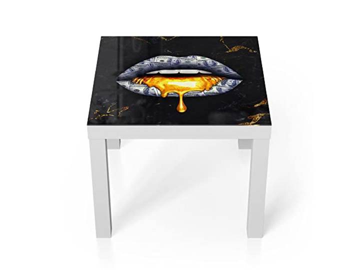 DEQORI Glastisch weiß klein 55x55 cm Motiv Luxuriöse Lippen ausgefallener Beistelltisch aus Glas Hochglanz Couchtisch fürs Wohnzimmer moderner Couch Tisch mit Design