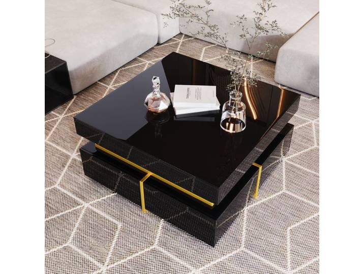 LPOSPI Table Basse Moderne Noir avec Tiroirs et Accents Dorés Design Haut Brillant Pour Salon 70x70 cm
