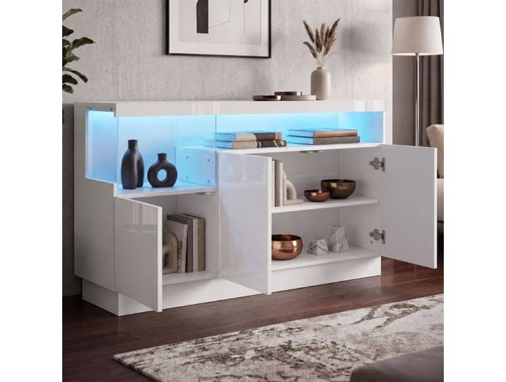 Buffet avec 3 portes et éclairage LED Buffet Bahut Buffet de salon Buffet moderne 140x36x80 cm Meuble de rangement Blanc
