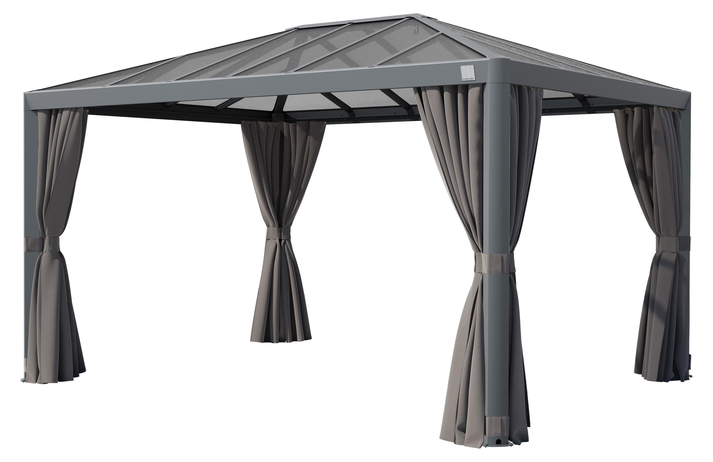 PRIMEYARD Gartenpavillon 3x4 m Alu-Rahmen und Polycarbonat-Dach mit Seitenteilen in Grau