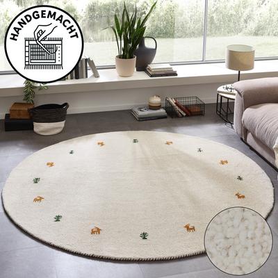 Wollteppich THEKO "Gabbeh Motiv, Handgefertigt, Teppich, Tiermotiv, reine Wolle" Gr. 10, beige (natur), H:14mm Ø:200cm, Wolle, Teppiche, reine Wolle, Wohnzimmer, Schlafzimmer, Esszimmer