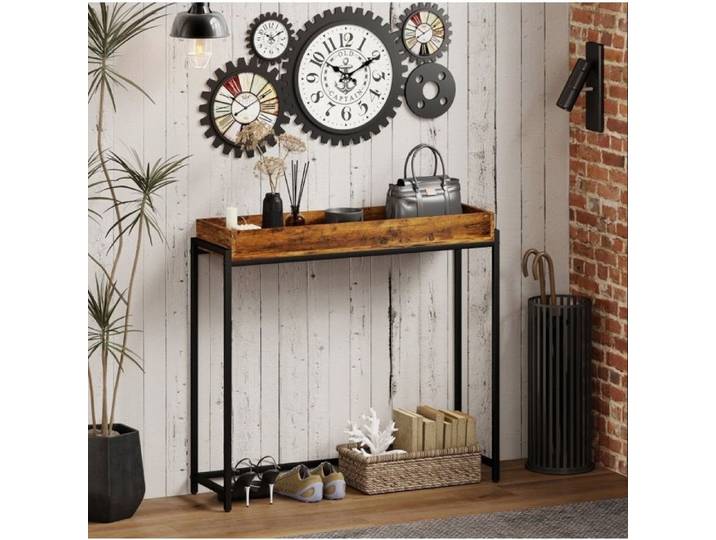 Console d'entrée étroite 100 x 30 x 91 cm table console marron rustique avec rebords métal et mélaminé