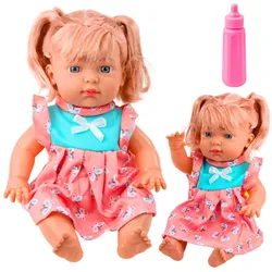 Babypuppe mit buntem Kleid, Ponys, Flaschengeräusch