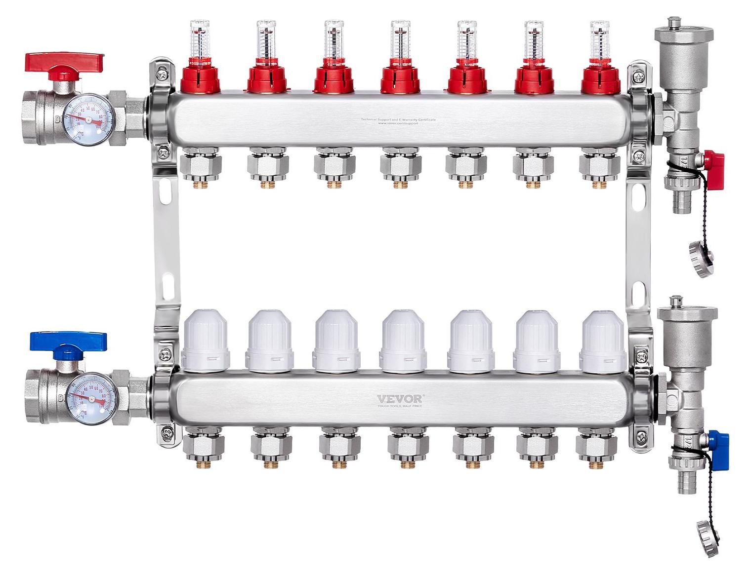 VEVOR 7-weg warmteverdelingsverdeler van roestvrij staal met 1/2 inch PEX-adapters voor vloerverwarming, zilver
