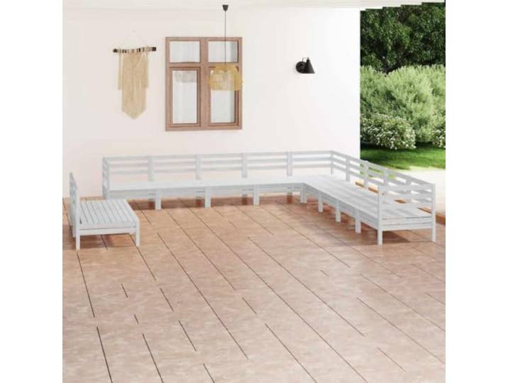 Bois de pin massif design palette terrasse jardin 11 pièces blanc Salon de jardin 11 pcs Bois de pin massif Blanc Ensemble canapé modulaire résistant intempéries pour terrasse extérieur