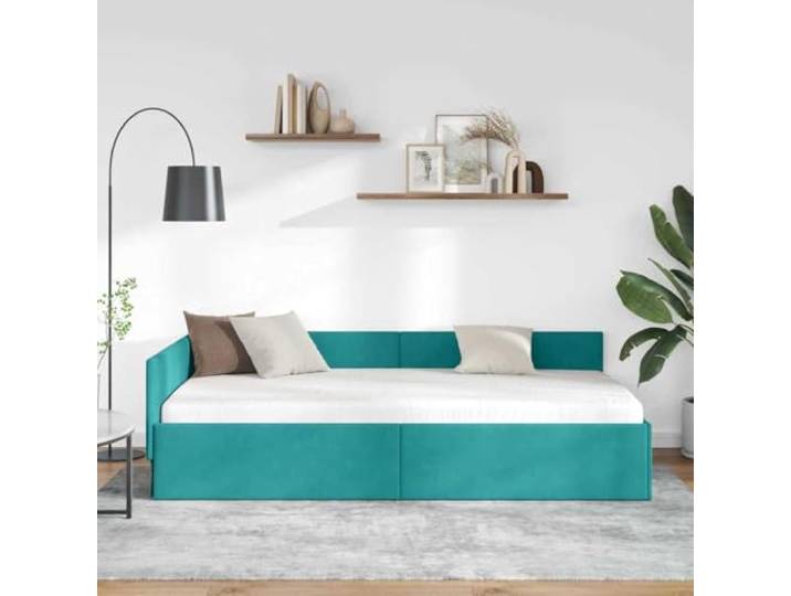KTHLBRH Eckbett Türkis 90 x 190 cm Samt Platzsparendes L-Design, Lattenrost, verstellbares Kopfteil, vielseitiges Schlafsofa