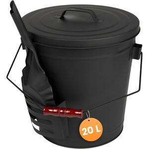 Black-Oak Ascheeimer Stromboli, schwarz, Holzgriff & Deckel, aus Metall, feuerfest, mit Schaufel, rund, 20 Liter