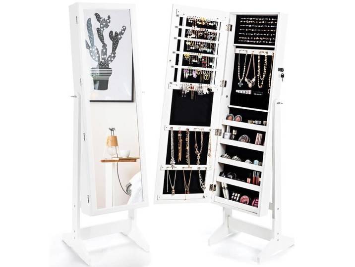 COSTWAY Armoire à Bijoux sur Pied avec Miroir Psyché Inclinable à 4 Angles Rangement et Présentoir pour Bijoux Blanc
