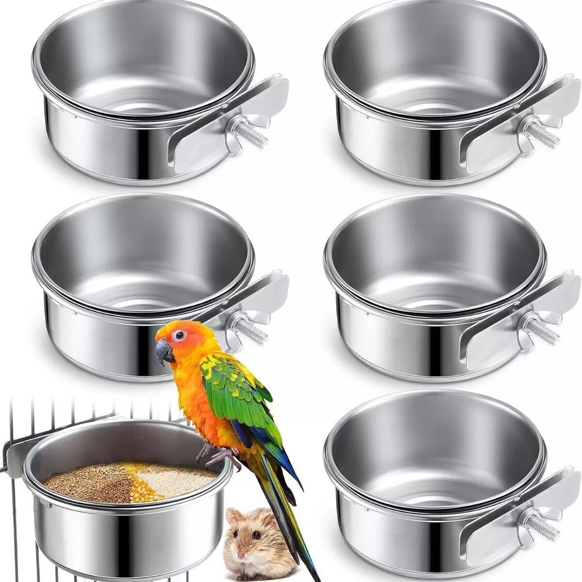 INF Edelstahl Schraub-Futterschale für Vögel – Silber, Papageien-Käfig Futter- und Wasserschale, S/M/L L