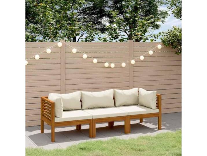 WDGJJFECNMUEHI Acacia massif modulable extérieur coussins crème Canapé de jardin 3 places en acacia massif avec coussin crème, salon exterieur modulaire résistant intempéries pour patio