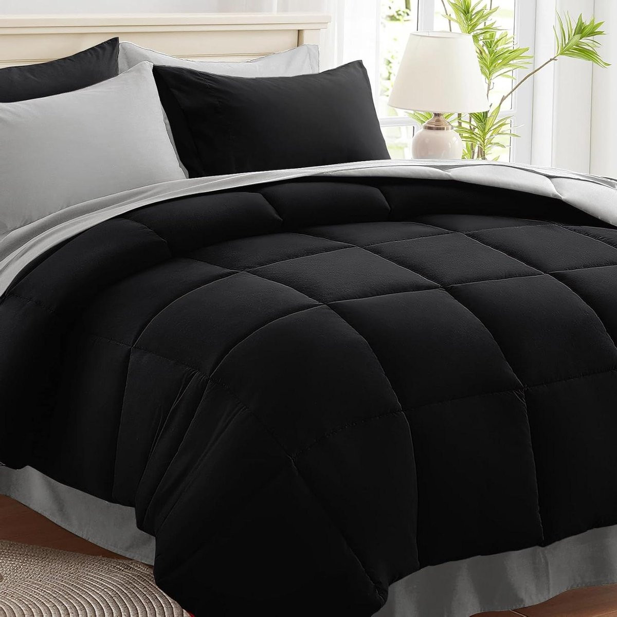 7-delige Kingsize dekbedset met omkeerbaar dubbelzijdig ontwerp in zwart grijs raster