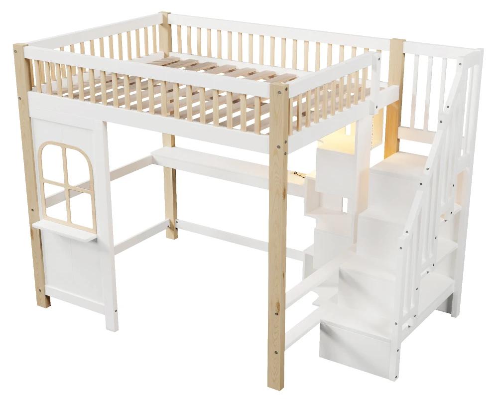 Hochbett - Kombibett - 140 x 200 cm - LED-Beleuchtung - Schreibtisch - Stauraum - Weiß/Natur - Ohne Matratze