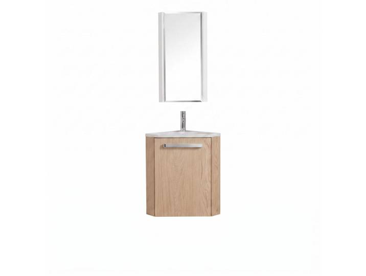 Ensemble lave-mains d'angle en chêne + vasque + robinet + miroir