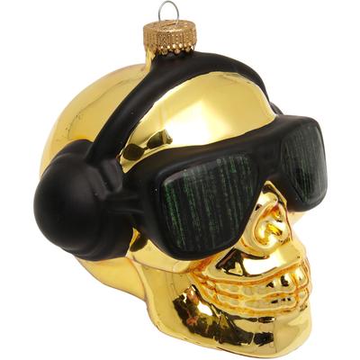 Christbaumschmuck KREBS GLAS LAUSCHA "Totenkopf Cyberpunk", gold (goldfarbig), B:9cm H:9cm T:9cm Ø:9cm, Glas, Weihnachtsbaumschmuck, Glas, 1 Stück