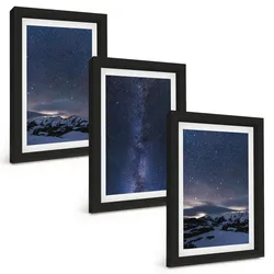 BILDER SET 3er Set - 20x30 cm Schwarzer Rahmen - Nachthimmel, Berge, Sterne