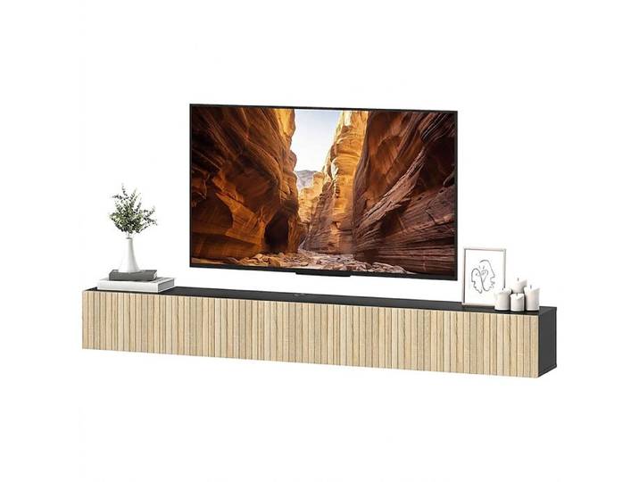 Meuble TV Suspendu - Meuble TV Mural 2 Portes Cannelées - TV 72 Pouces - 140 x 25 x 22 cm - Bois Naturel et Noir