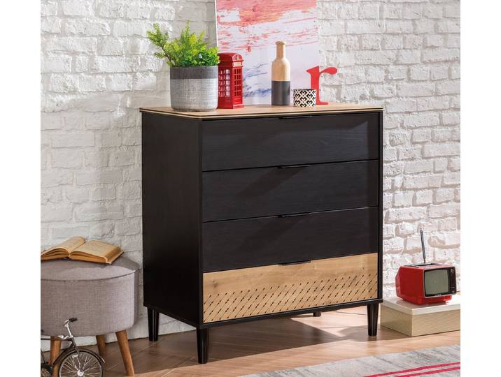 Möbel-Zeit Kommode BLACK mit 3 Schubladen – Moderner Industrie-Stil Schwarz/Holzoptik