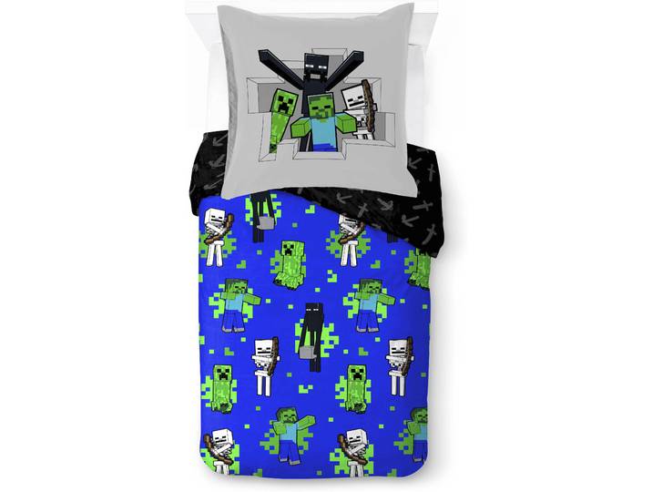Kinderbettwäsche MINECRAFT Minecraft Fight Back , blau, B/L: 135cm x 200cm, 1 Stk., 1 Stk., Linon, B/L: 80cm x 80cm, 2, Linon, Obermaterial: 100% Baumwolle, Bettwäsche, Kinderbettwäsche, 100% Baumwolle