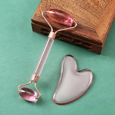 Uplifted Finds Natural Resin Facial Roller And Heart Shaped Gua Sha Scraper Set transparent Pink Set