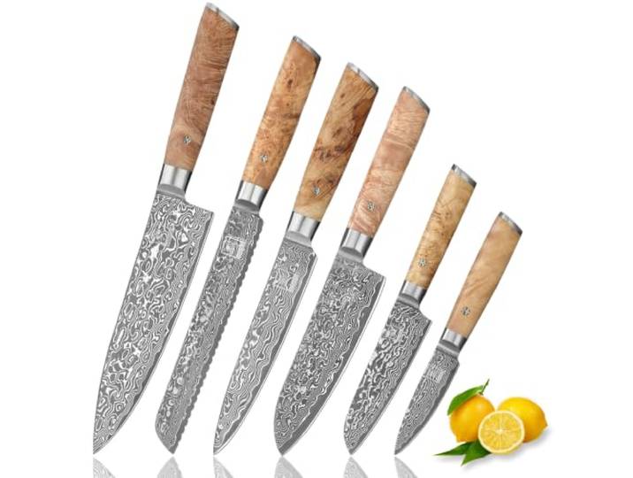 zayiko Kinone 6-teiliges Messerset, 67 Lagen Damaststahl mit VG10-Stahlkern Mit Kochmesser, Brotmesser, 2 Santokumessern, Fleisch- & Officemesser; Birkenwurzelholzgriffe, 60 ± 2 HRC, inkl. Geschenkbox.
