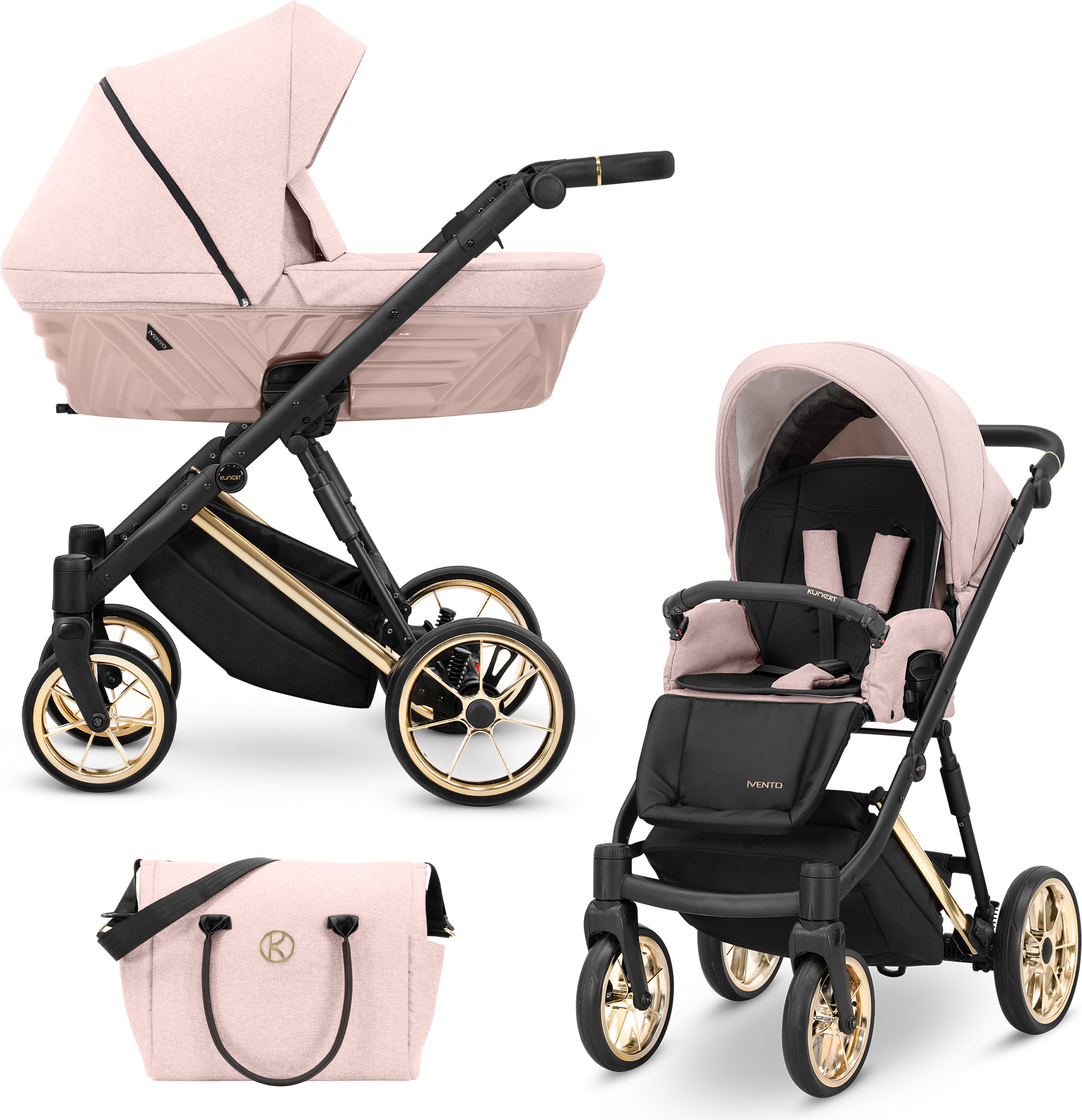 Kinderwagen IVENTO Sportwagen Babywagen Babyschale Komplettset Kinder Wagen Set 2 in 1 (Smoky Pink, Rahmenfarbe: Gold)