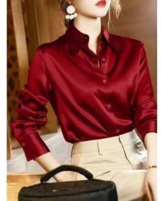 Smart Shopping Spot Elegant Women's Satin Blouse Long Sleeve Button Up Shirt For Office rose Red xxxl