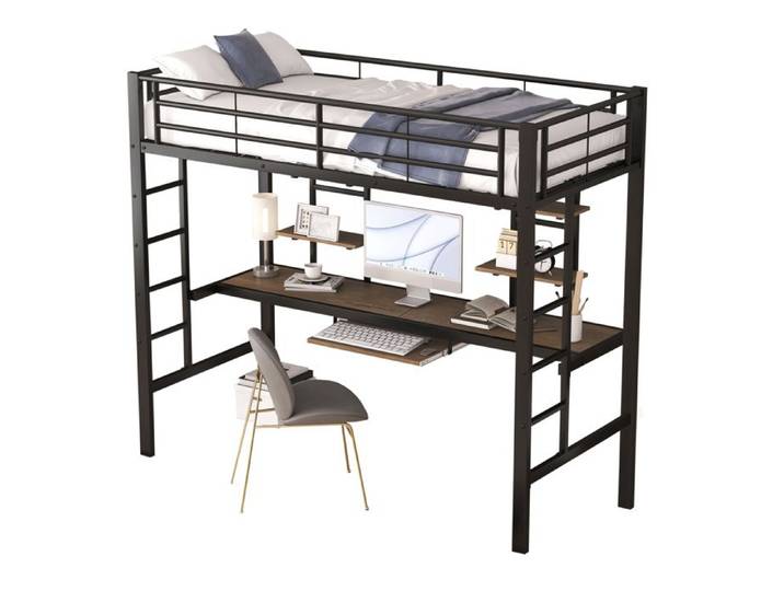 Schwarzes Metallbett Hochbett 90x200cm mit Schreibtisch und zwei Bücherregalen für Kinder Jugendliche Erwachsene