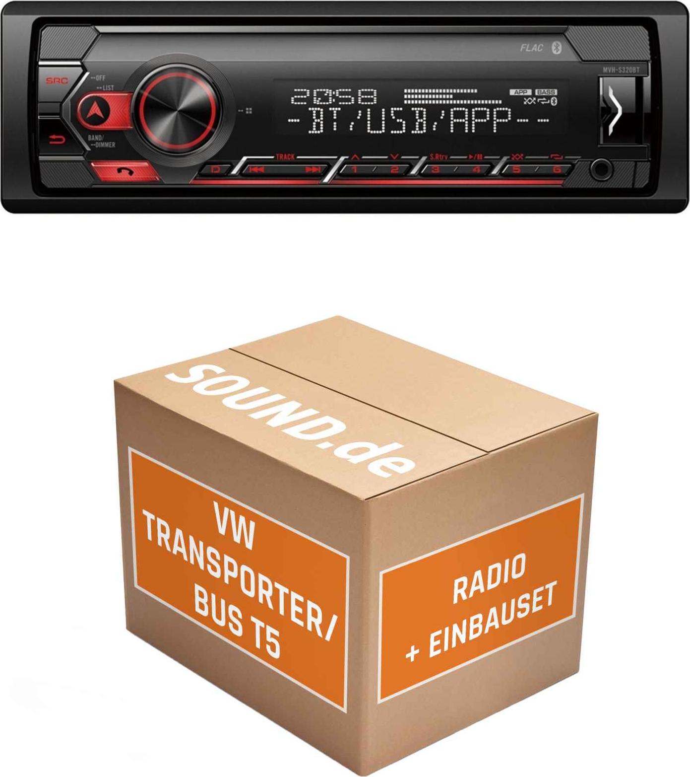 Autoradio Einbaupaket Pioneer MVH-S320BT passend für VW T5 + Lenkradfernbedienung + PDC | Bluetooth USB