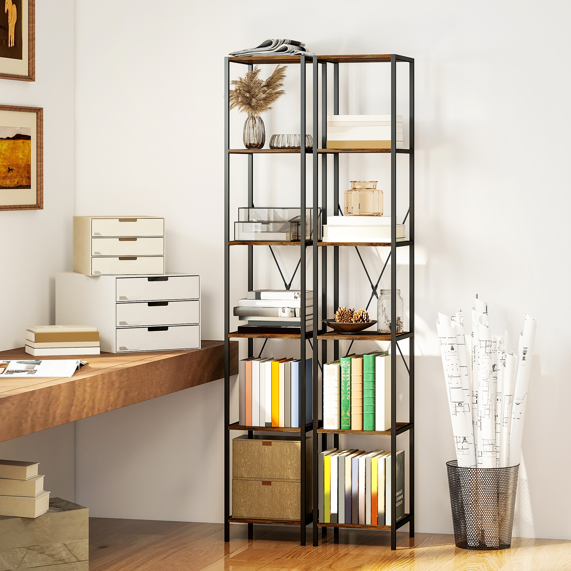 Homcom Set da 2 librerie a 6 ripiani, telaio in acciaio, 30cm x 30cm x 174,5cm Marrone rustico   Aosom Italy